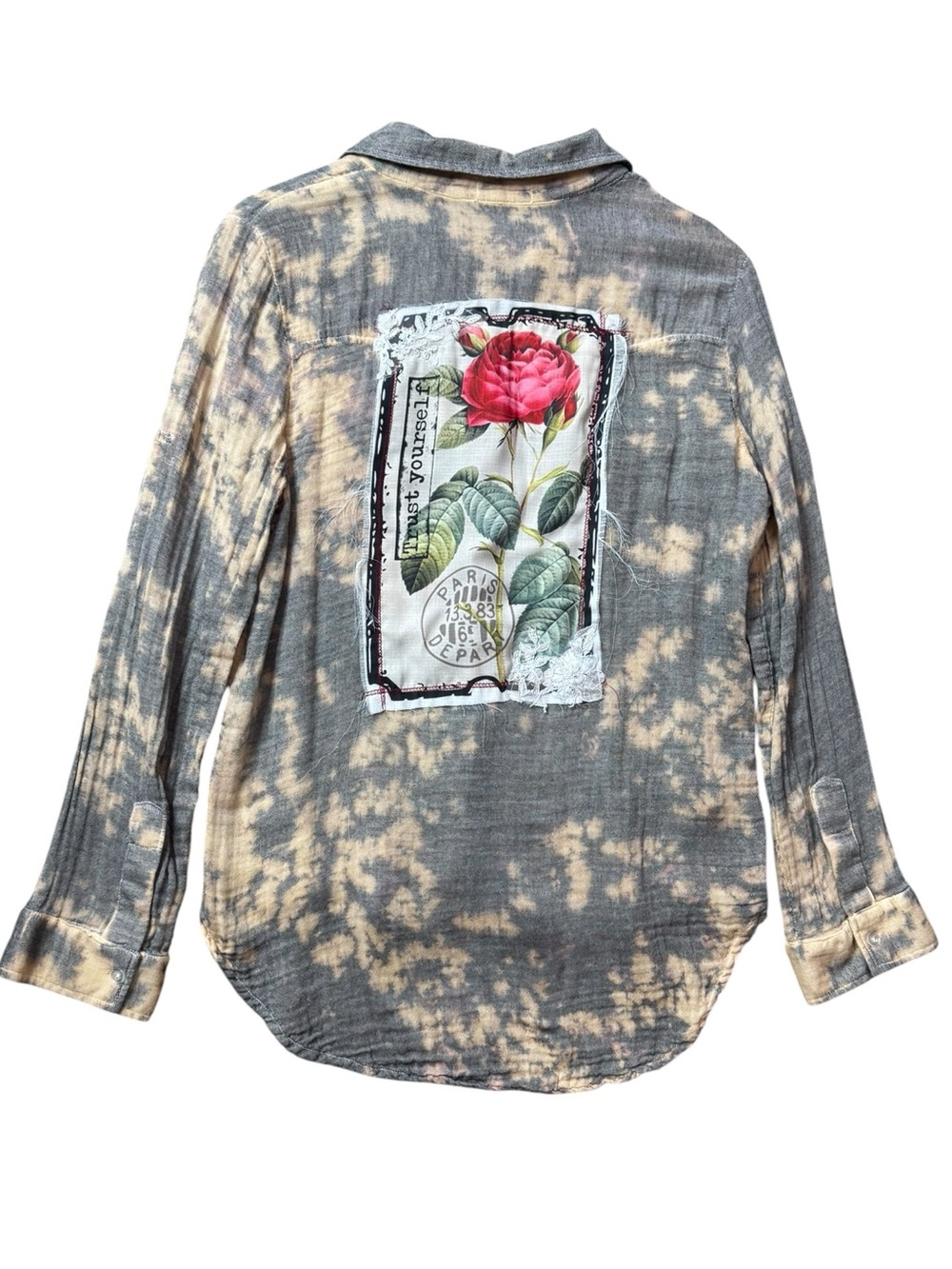 BOLUFE Cotton Rose Graphic Back Patch Button Down Shirt Large Boho⁠